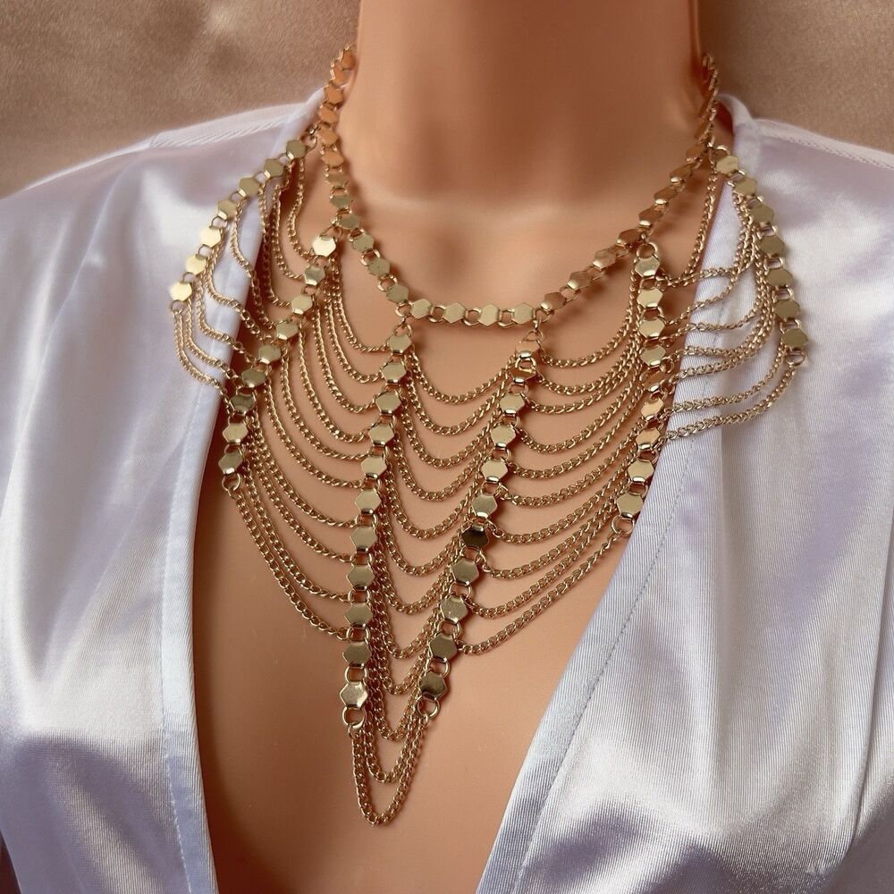 Vintage estate Necklace Gold Layered Draped Chain Bib Statement Adjustable